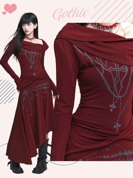 Robe croisée rouge vin asymétrique à encolure et ourlet torsadés