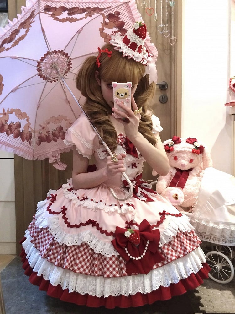 Pink and Red Strawberry Bowknots Decorated Tiered Skirt Sweet Lolita Dress