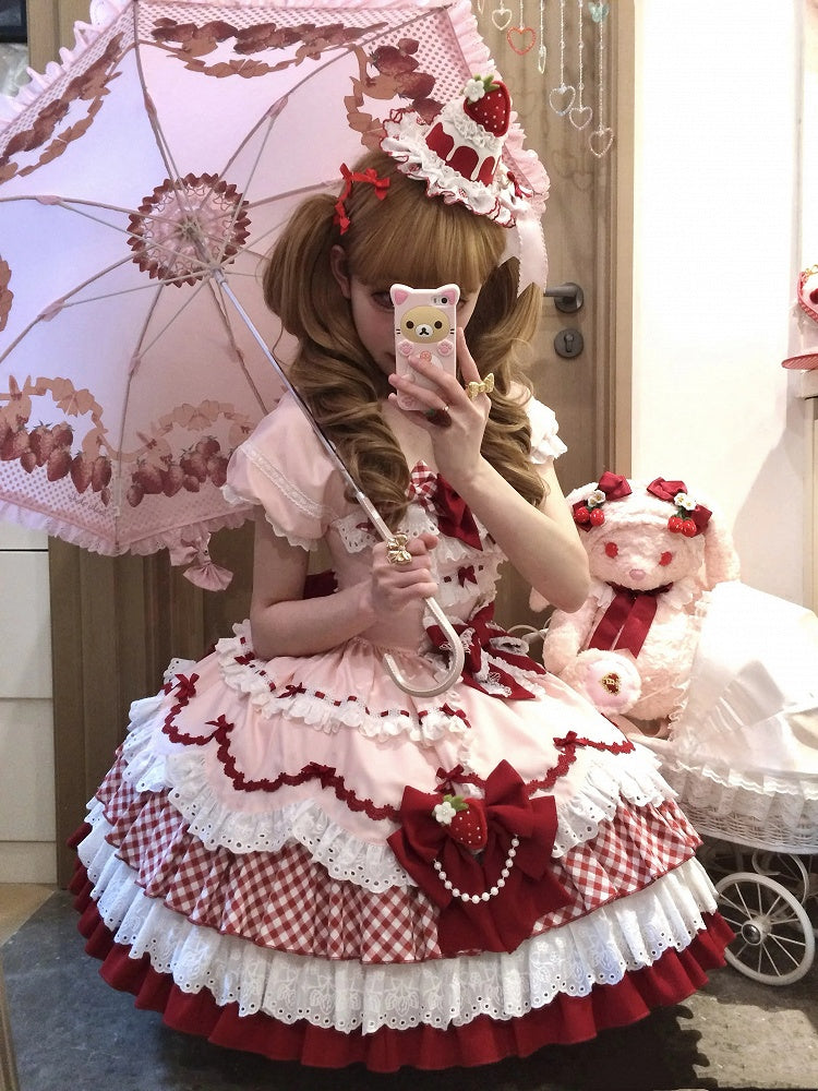 Robe Lolita Sweet Lolita à jupe à volants décorée de nœuds papillons roses et rouges