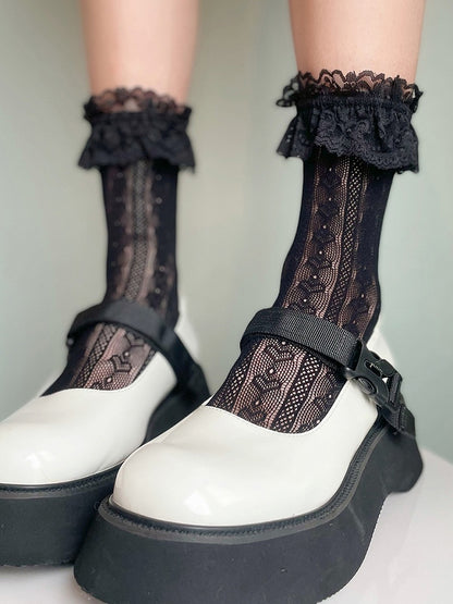 Black Heart Pattern Ruffled Lace Cuff Lolita Calf Socks