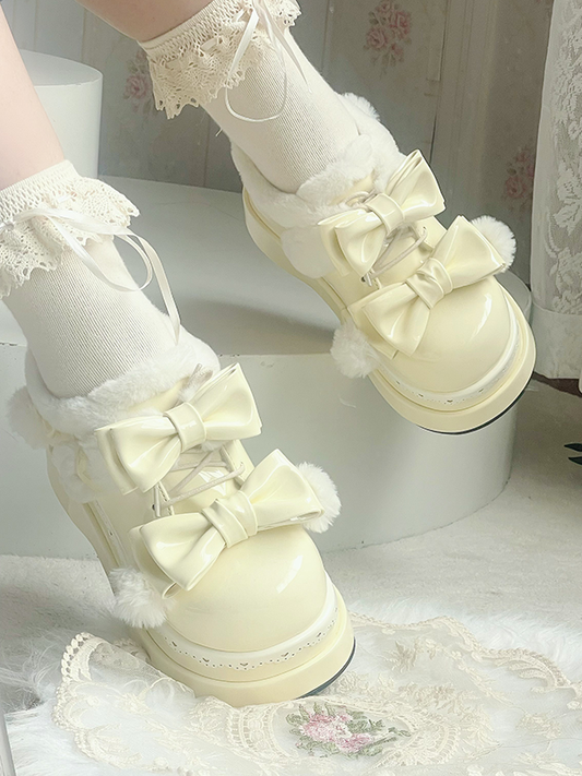 Lolita Creamy Yellow Cute Heart Bowknot Platform Shoes With Pompons