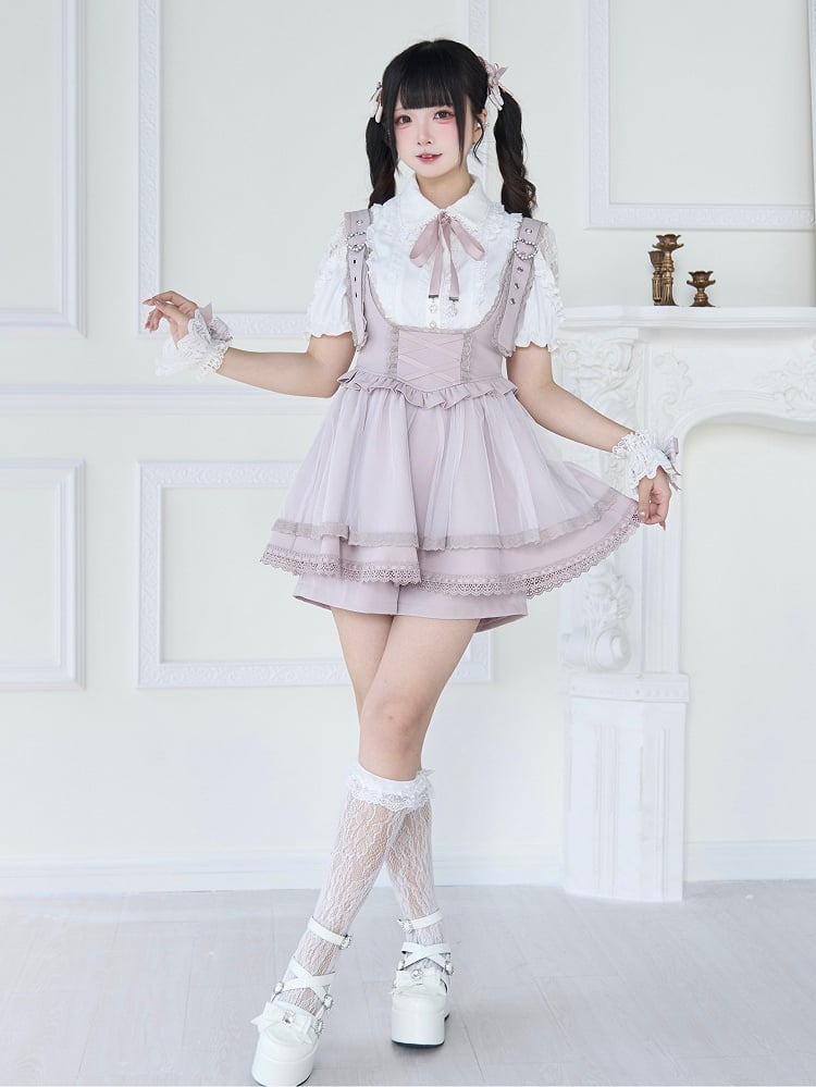 Buckle Straps Heart Details Jirai Kei Overall Dress Adjustable Shoulder Pink with Beaded
