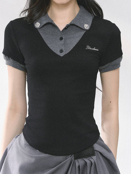 und graues Polokragen Preppy Style Faux Zweiteiler T-Shirt Schwarz