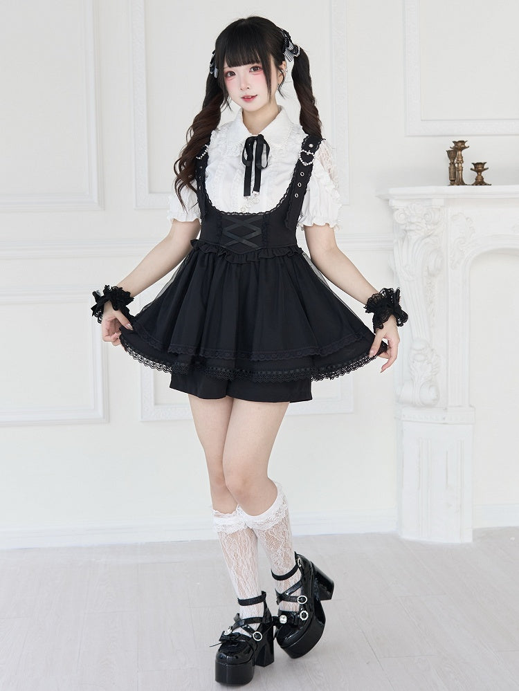 Jirai Kei – Schwarz/Weiße Bluse mit kurzen Ärmeln und Perlenkragen