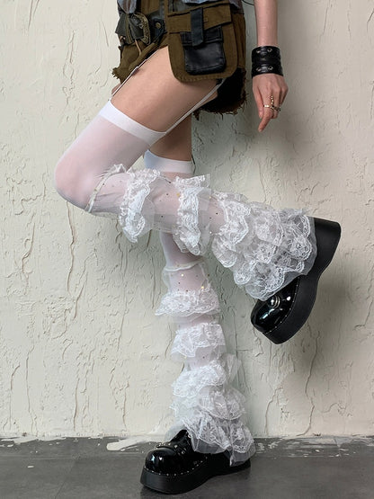 Sleeves Trim Y2K Lace Multiple White Leg Layers