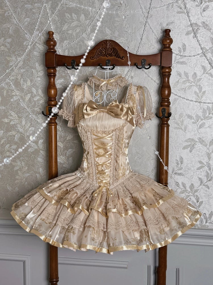 Sleeves Corset Lolita Kitty Short Dress Print and Bunny Puff Champagne