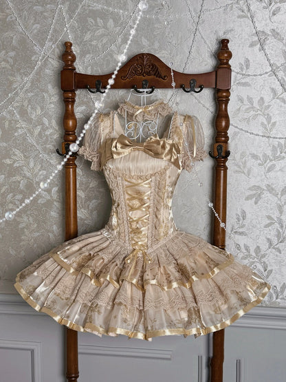 Print Sleeves Puff Kitty Lolita Short Bunny Corset and Dress Champagne