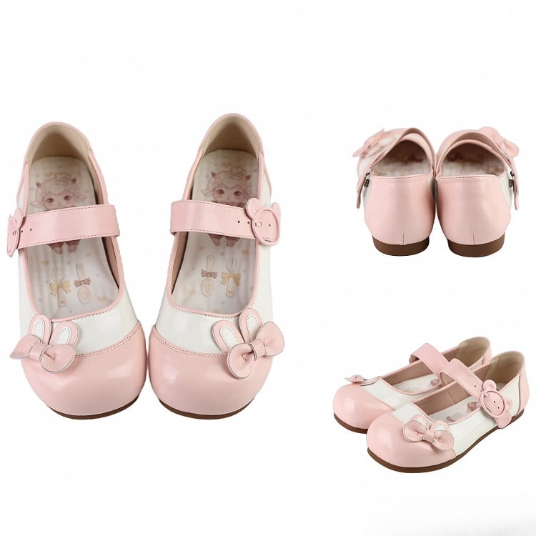Pink Bear Flats Buckle Bowknot Decorated Ear Bunny