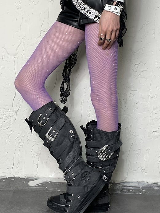 Fishnet Purple Tights Y2K Rhinestone