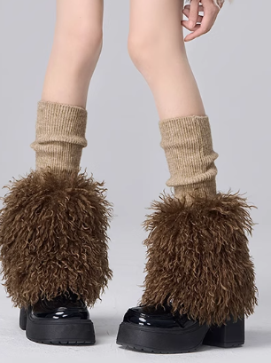 Coffee Camel Black Shaggy Leg Warmers