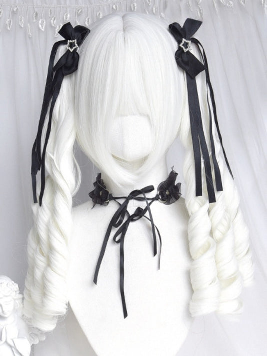 Creamy White Short Bob Cut Wig With Bangs＋Double Ponytail Claw Clips