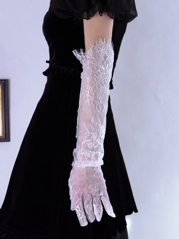 Design Hollow-out Gloves Black/White Lace