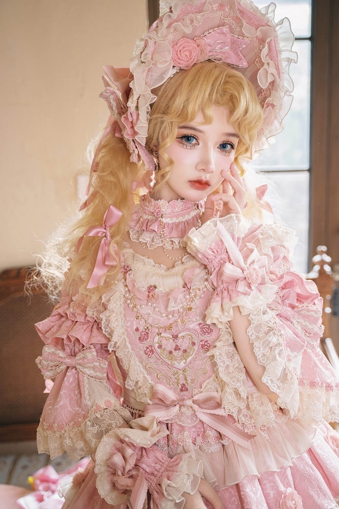 Pink Hanayome Rosette Embroidery Floral and Bead Chain Details Lolita OP Full Set