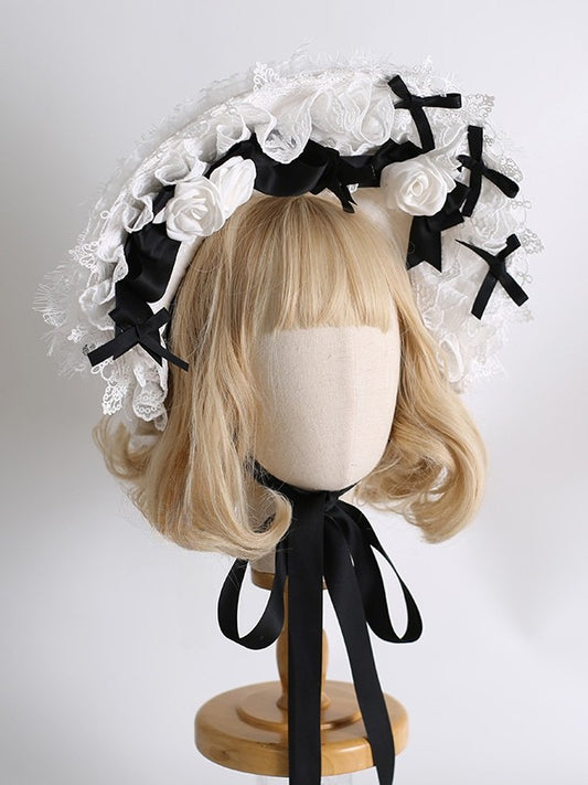 Maid Details Lolita Bonnet Design Floral BlackWhite Trim Bowknot Lace