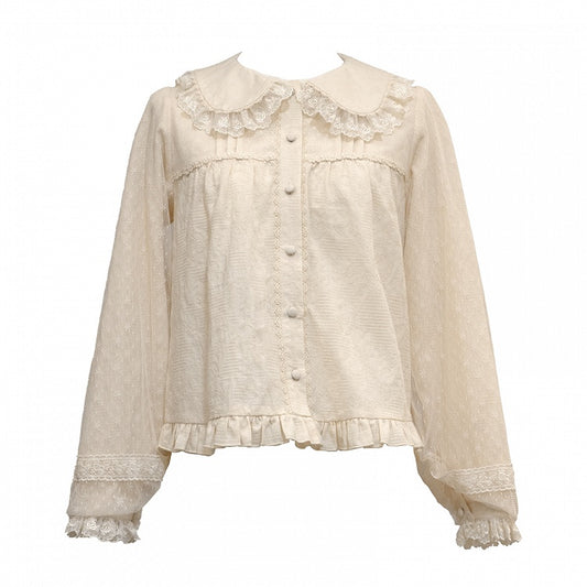 Beige Baumwollbluse mit rundem, flachem Kragen und langen Ärmeln