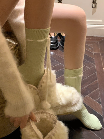 Khaki/Red/White/Grey/Green Cute Calf Socks With Pompons