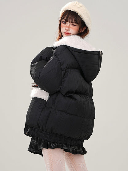 Black Letters Plush Hood Puffer Jacket