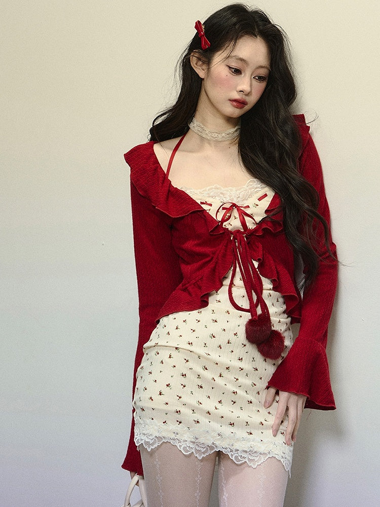 Red Self-tie Straps Bell Sleeves Cardigan with Ruffle Trim