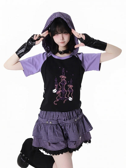 Y2K Purple Elastic Waist Lace Trim Plaid Skort