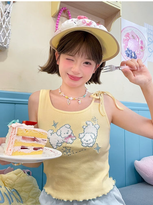 Self-tie Yellow Puppy Embroidery Lettuce Hem Tank Top Strap Shoulder with