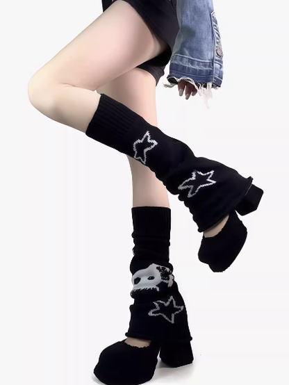 Black Gothic Knitted Leg Warmers With Skeleton Star