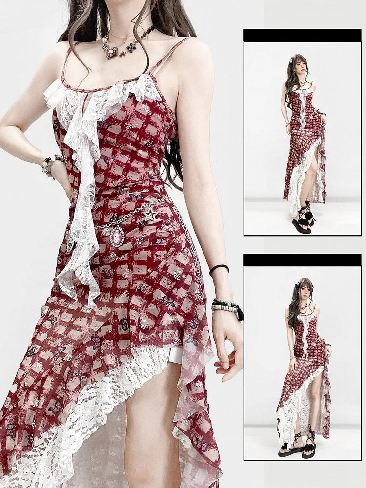 Hem Glamorous Bittersweet Pattern Red Skirt White Dress Cami Set- Plaid Lace Butterfly Asymmetrical +