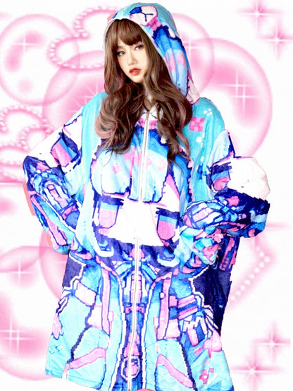 Blueberry Y2K Blaue Kapuzenjacke mit Bären-Print, Cartoon
