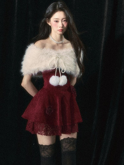 Roses Embellishments Christmas Wine Red Strapless Dress with Plush Shawl Set