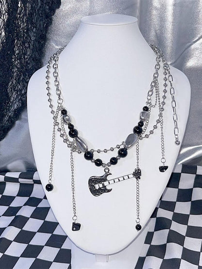 Y2K Punk Guitar Black Beads Double Layers Necklace