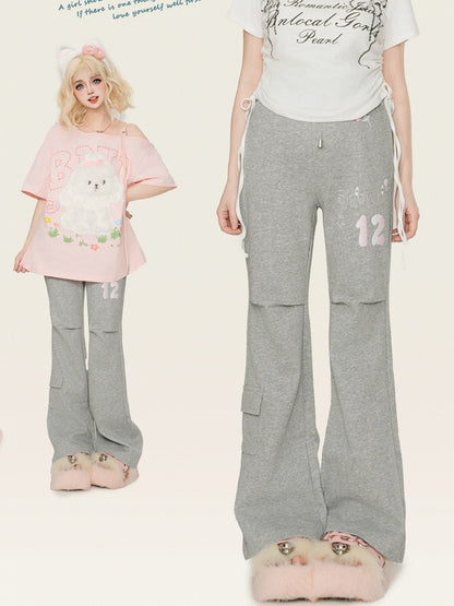 Grey Flared Pants with Cargo Pocket