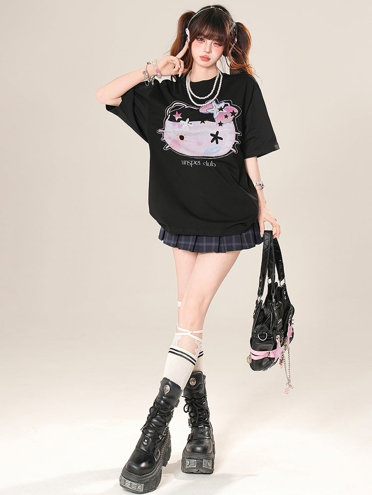 T-shirt Gray/Black Rhinestone Necklace Kitty Beaded Decorated With Daily Print Kawaii