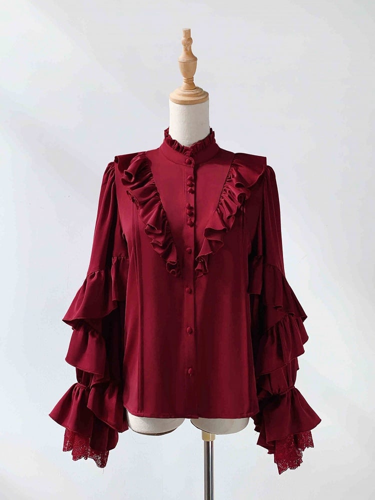 Chemise à manches longues Lolita Vampire Ouji à volants rouge vin