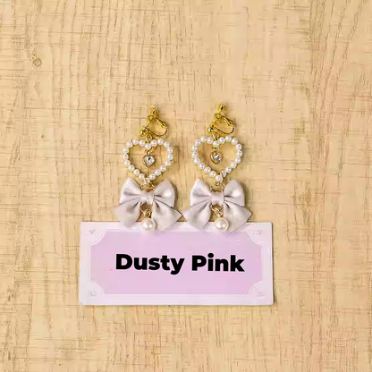 Herz Ohrclips Jirai Kei Weiß/Dusty Perlen Rosa/Blau/Schwarz/Rosa Schleife