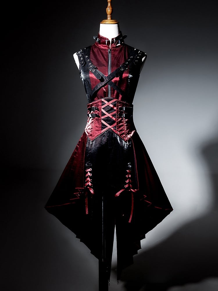 Skirt with Lolita Corset Straps Red Idol High Black Punk Belt and Waist Cascading Ruffle