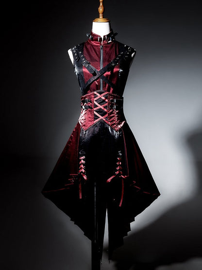 Skirt with Lolita Corset Straps Red Idol High Black Punk Belt and Waist Cascading Ruffle