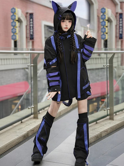 Black and Purple Futuristic Techwear Landmine Style Straight-leg Shorts + Flared Leg Warmers