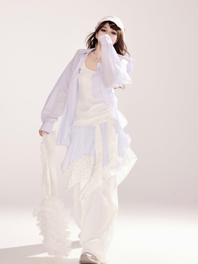 Two-pieces Waist Handkerchief Hem Wide-leg Pants White Low Faux