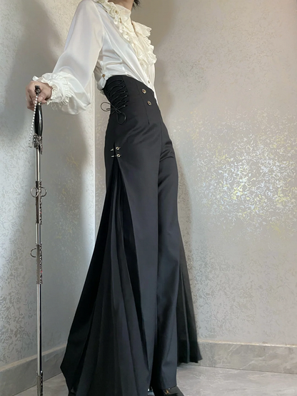 Pleated Ouji Wide-leg Pants High Fashion Chiffon Black Side Panel with Waist