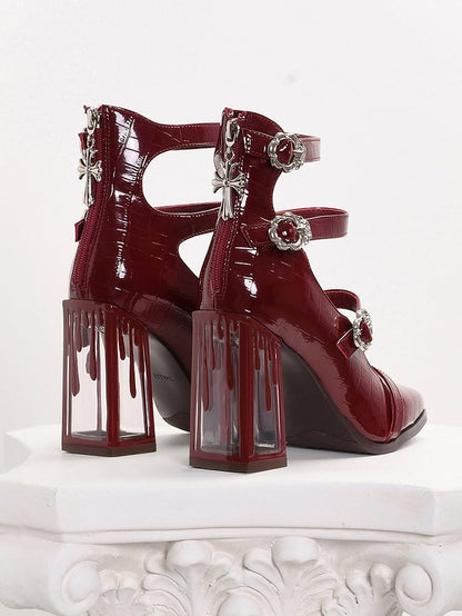 Polished Red Gothic Crocodile Buckle Straps Blood Drip High Block Heels