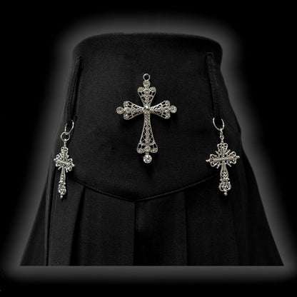 Y2K Black Cross Charms High Waist Studs Punk Pleated Skirt