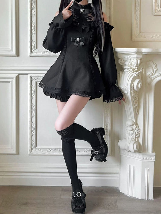 Mini Black Skirt with Jirai Kei Illusion Ruffled Shorts Cutout Shoulder Dress Hem Neckline Set