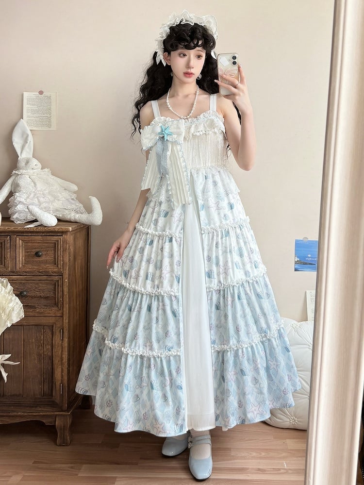 Blue Lolita White Sea Print Shell Dress and Starfish