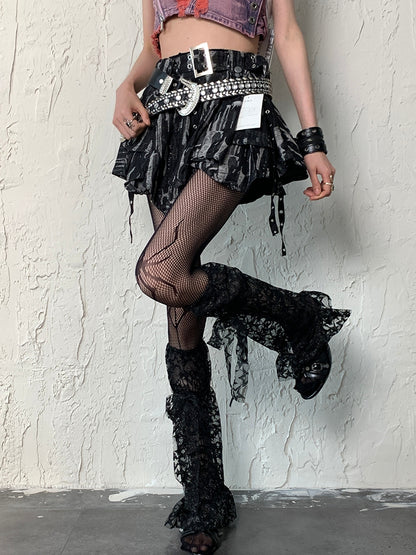 Star Pattern Leg Y2K Black Sleeves Trim Lace Strap Self-tie