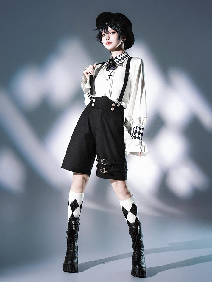 with Straight-leg Straps Lolita Ouji Shoulder Black Shorts
