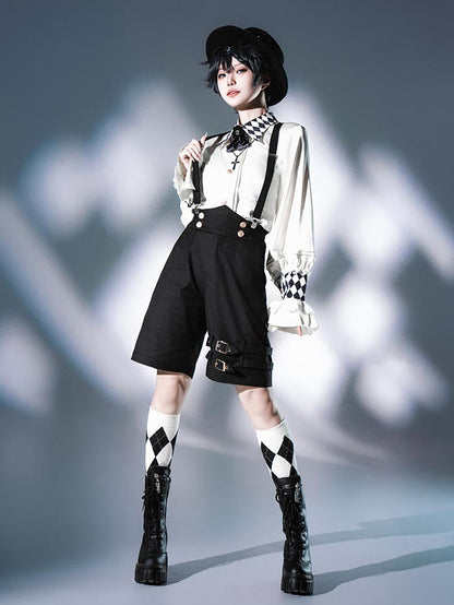 with Straight-leg Straps Lolita Ouji Shoulder Black Shorts