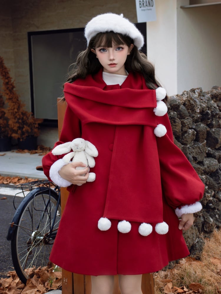 Pompoms Scarf Collar Red  New Year Outfit Woolen Coat Plush Trim Cuffs