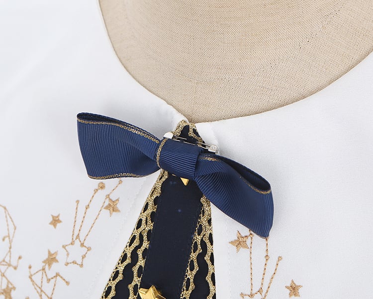 Navy Blue Celestial Globe & Starry Bow Accents Flounce Hem Lolita Dress