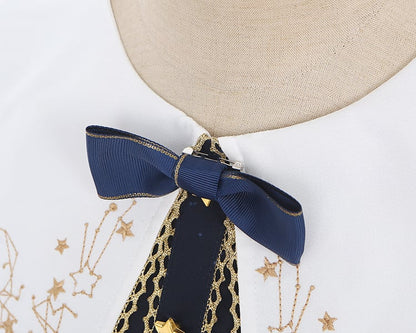 Navy Blue Celestial Globe & Starry Bow Accents Flounce Hem Lolita Dress