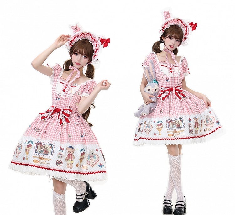 Pattern Bonnet Gingham Black Green Pink Red Ears / Bunny