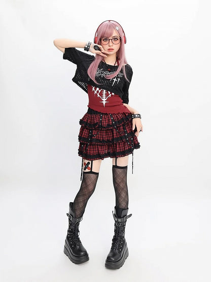 Red/Gray Tank Top with Halter Neck Coverup Set Graphic Black Y2K Cropped